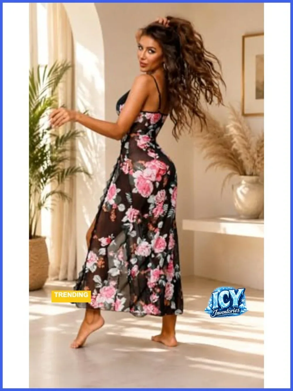 Women's Lace Babydoll Chemise Sheer Mesh Long Nightgown Side Slits